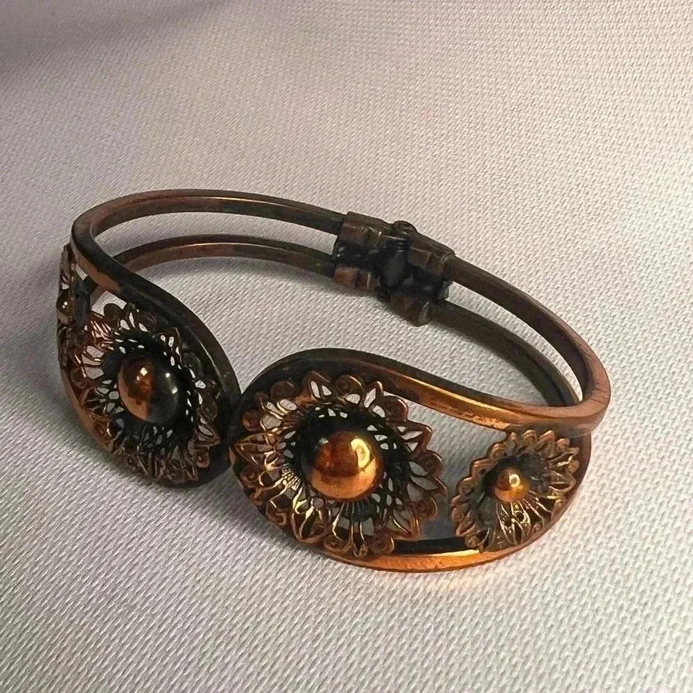 Vtg Solid Copper Heavy Weave Design Hinge Etched … - image 2